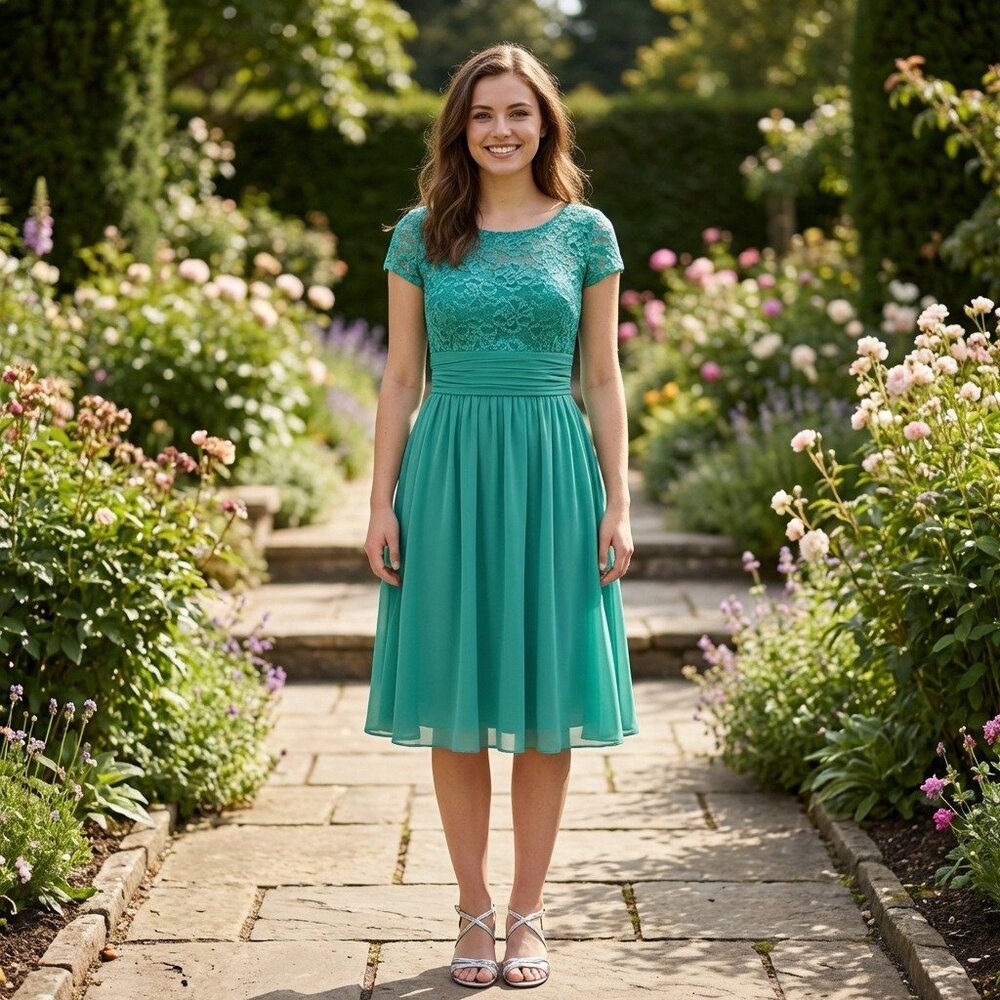 Fanny #1224 Short Chiffon & Lace Formal Dress-Size M, 2X-JADE-NEW